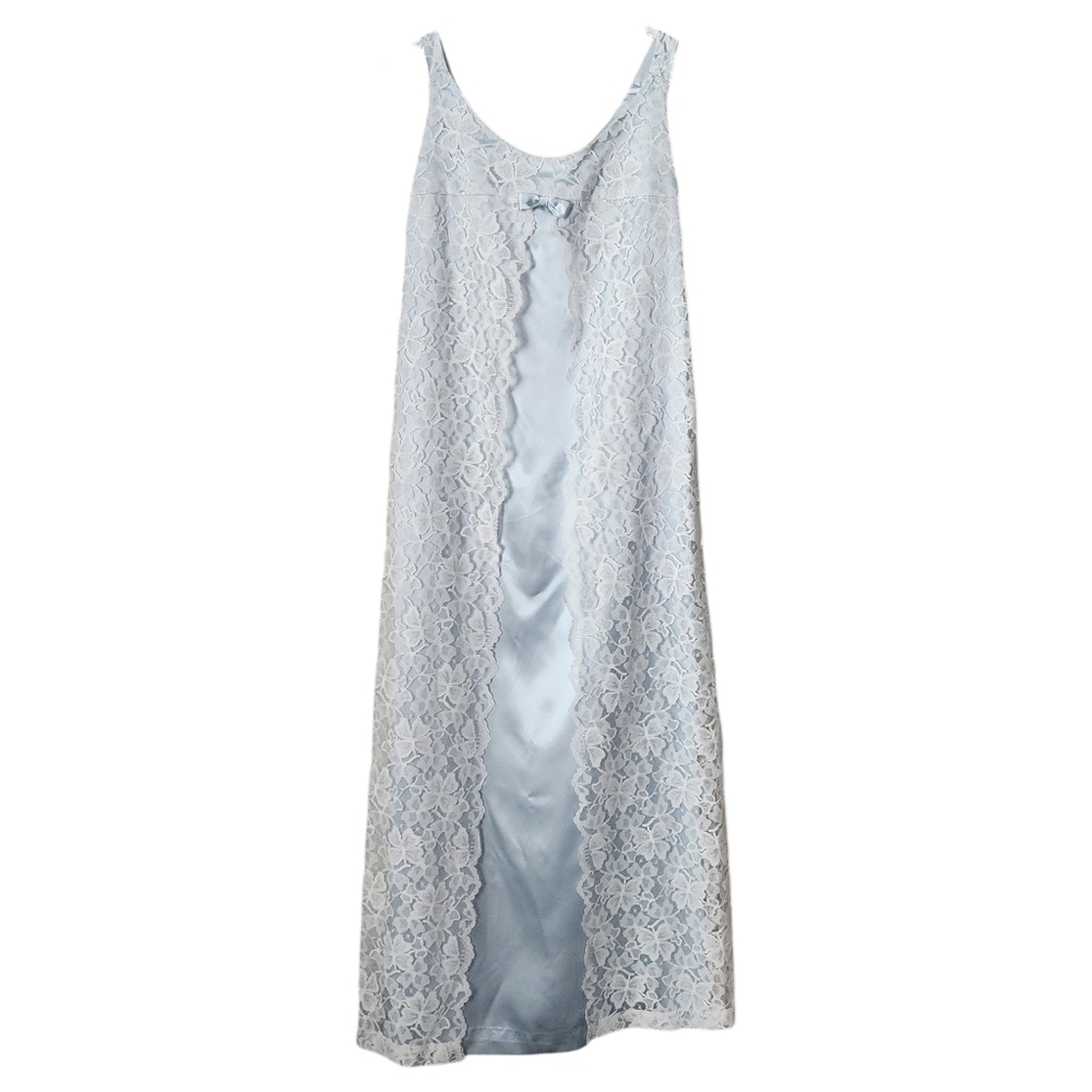 VINTAGE Handmade Ethereal Maxi Dress light blue satin scalloped lace overlay